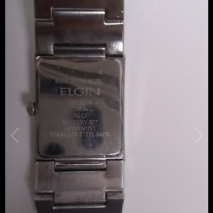 Elgin Men Silver Tone Black Dial Crystal Accented Jewelry Clasp Bracelet Watch